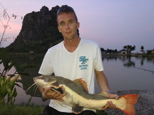 Redtail catfish fishing in Thailand