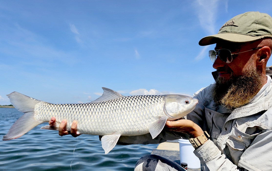 angler holding a mrigal carp caught in a thailand fishing lake
